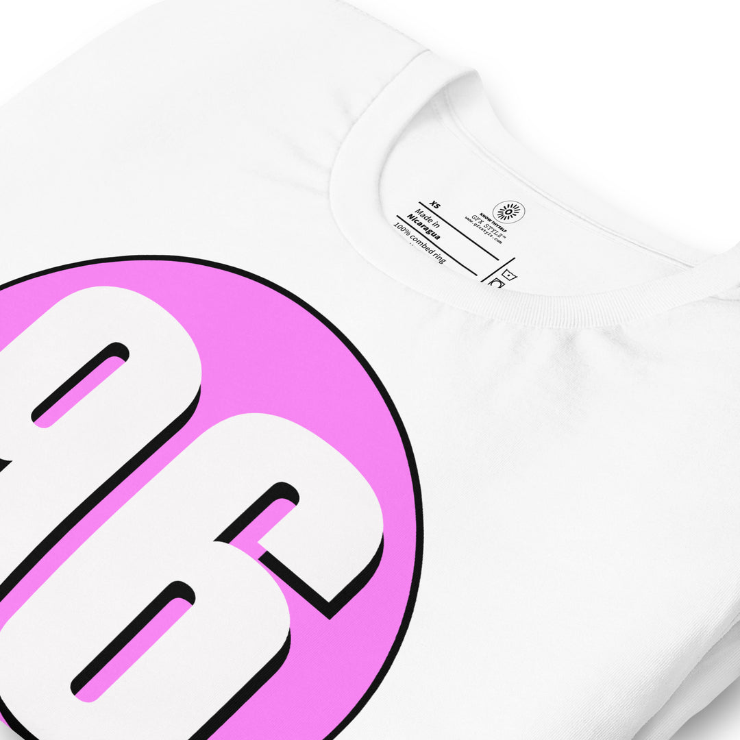 Unisex t-shirt: White on Pink 96