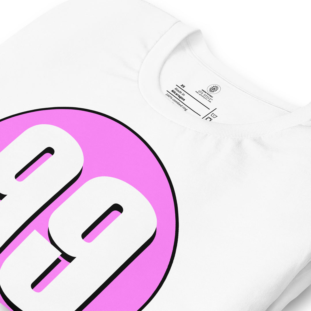 Unisex t-shirt: White on Pink 99