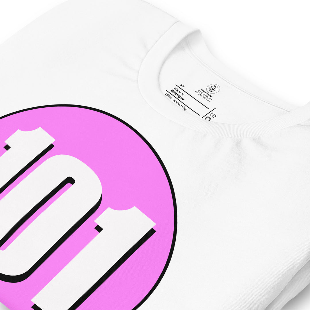 Unisex t-shirt: White on Pink 101