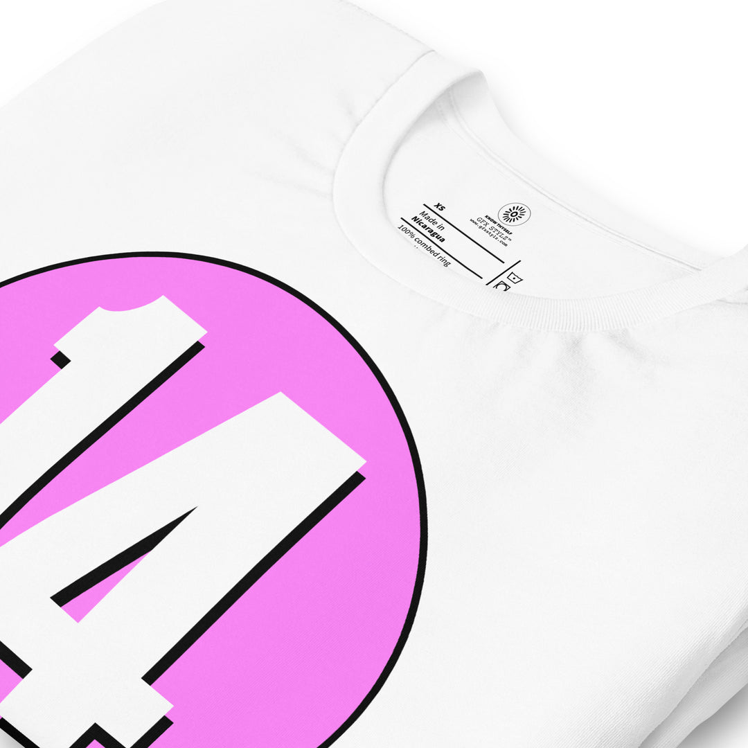 Unisex t-shirt: White on Pink 14