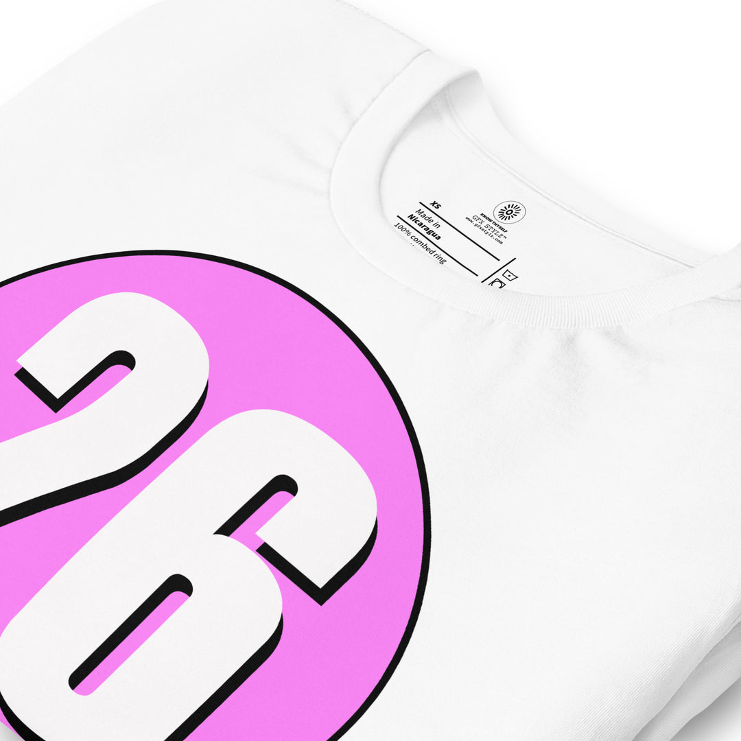 Unisex t-shirt: White on Pink 26