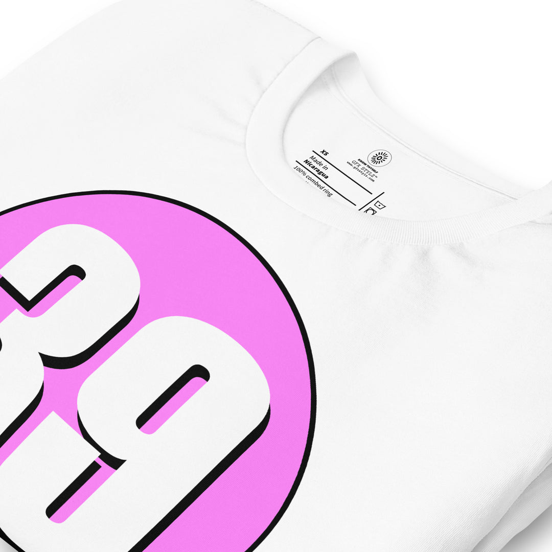 Unisex t-shirt: White on Pink 39