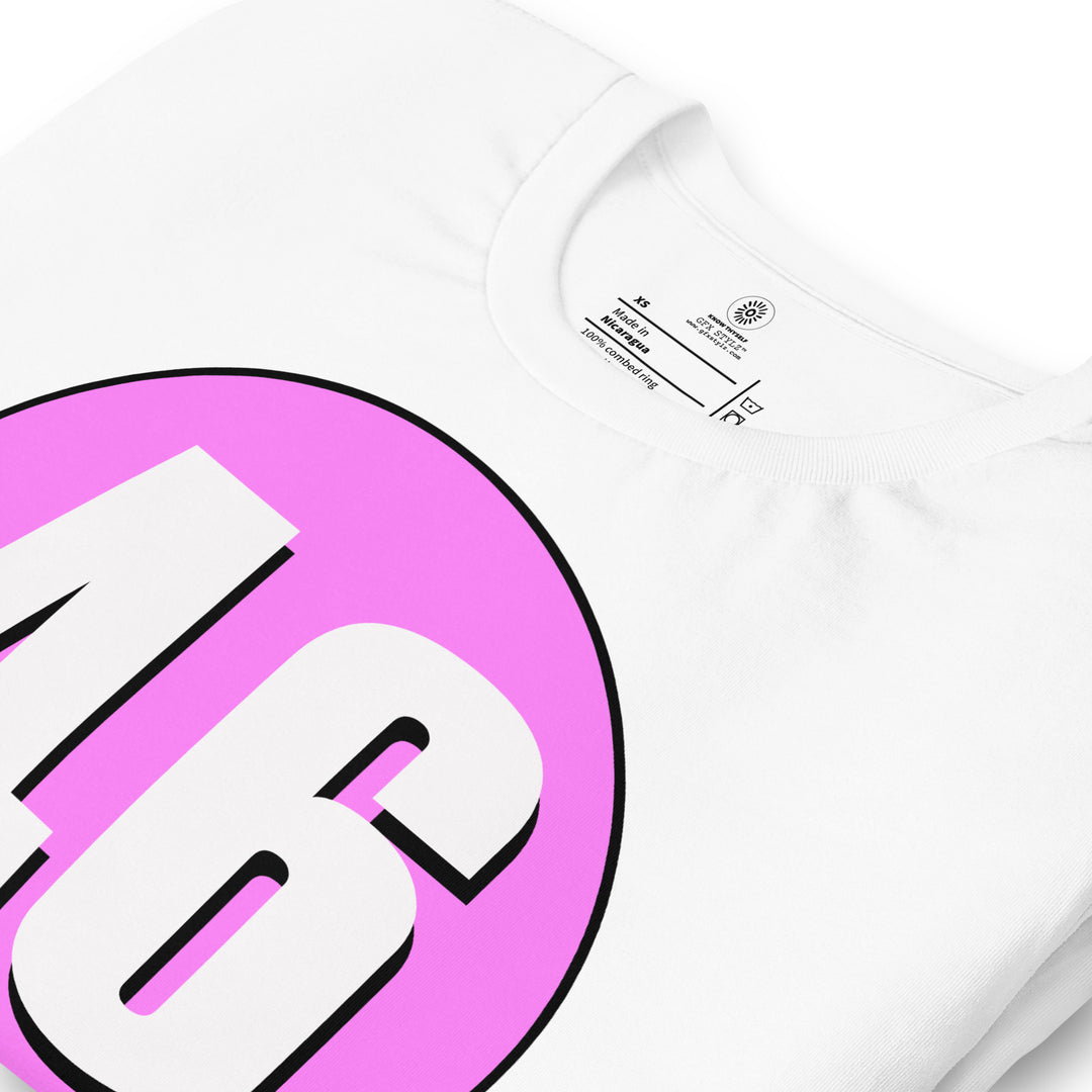 Unisex t-shirt: White on Pink 46