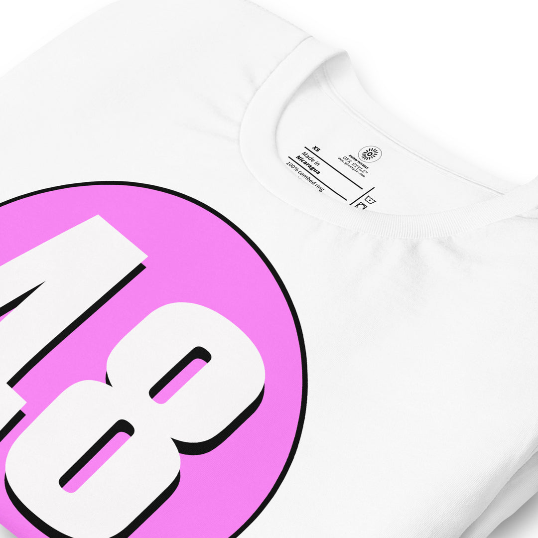 Unisex t-shirt: White on Pink 48