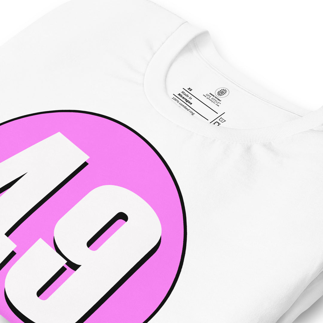 Unisex t-shirt: White on Pink 49