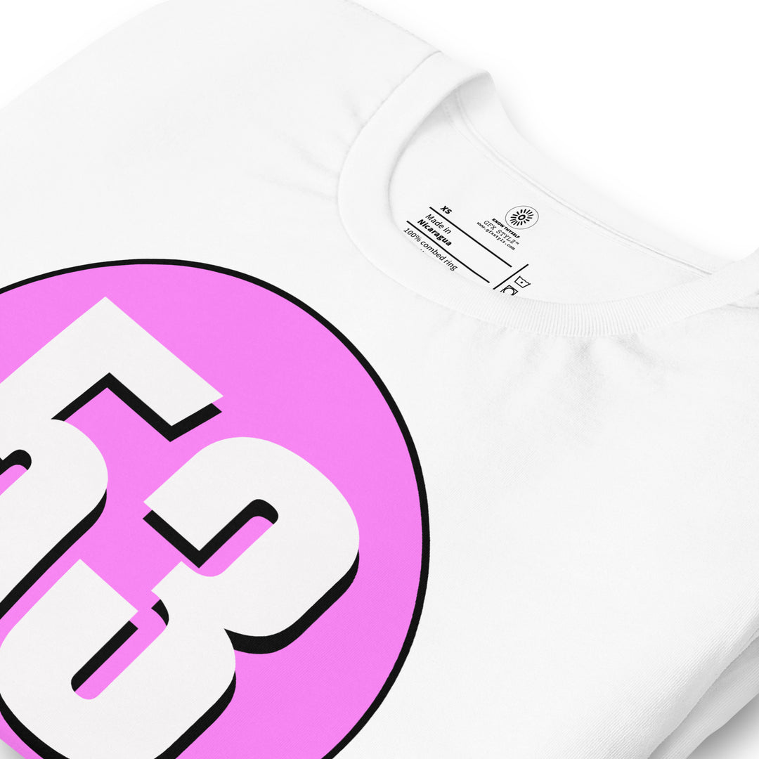 Unisex t-shirt: White on Pink 53