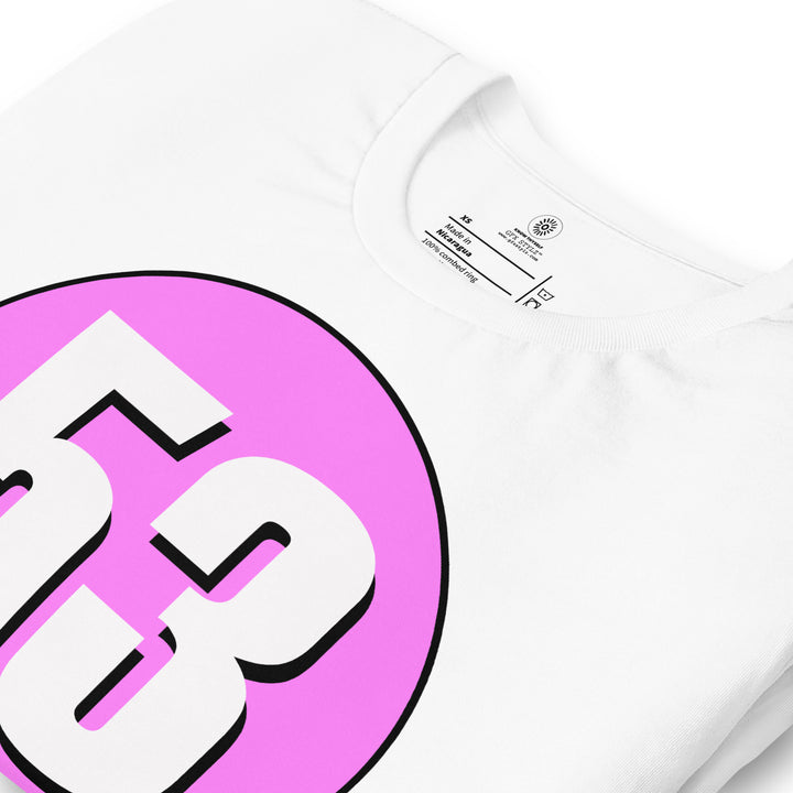 Unisex t-shirt: White on Pink 53