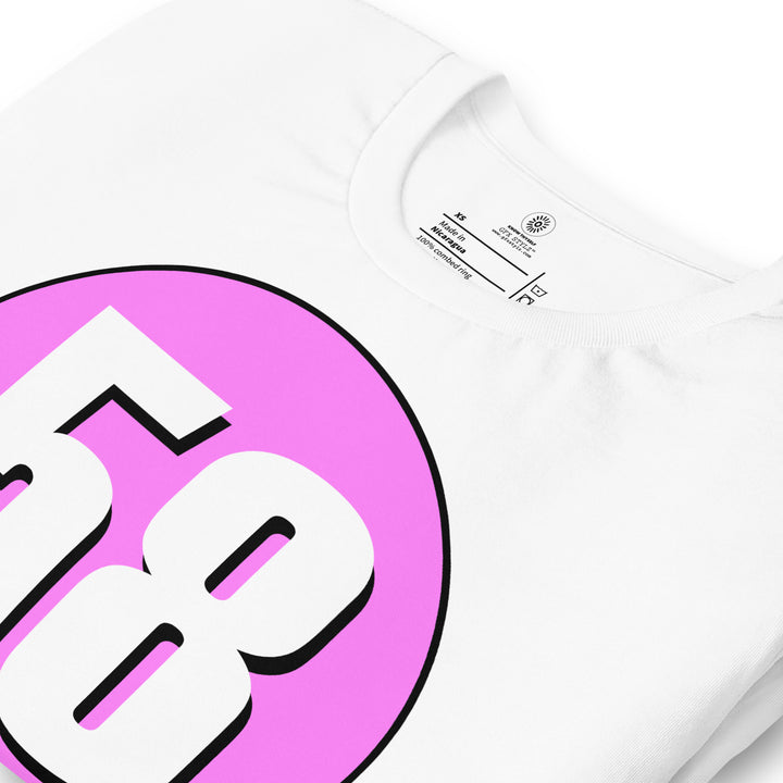 Unisex t-shirt: White on Pink 58