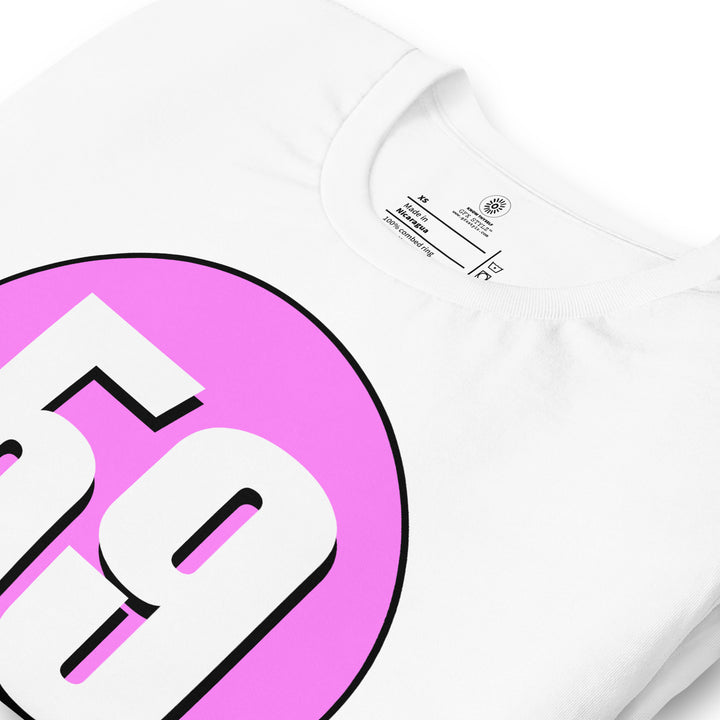 Unisex t-shirt: White on Pink 59