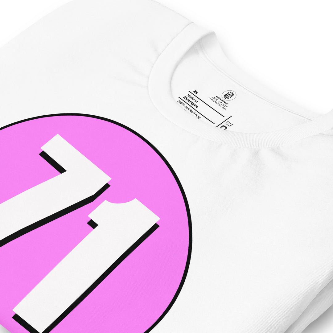 Unisex t-shirt: White on Pink 71