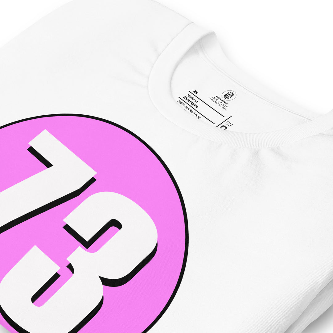 Unisex t-shirt: White on Pink 73