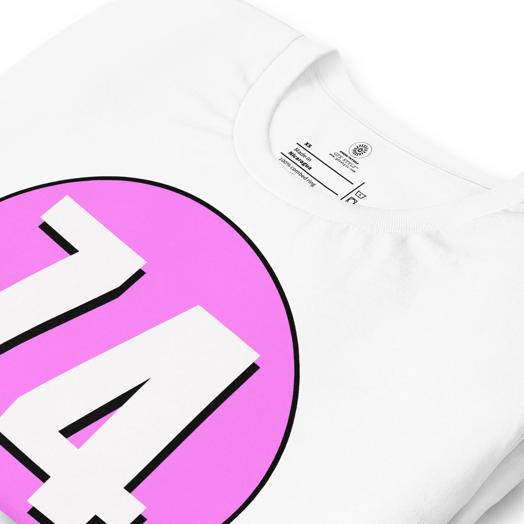 Unisex t-shirt: White on Pink 74