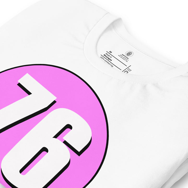 Unisex t-shirt: White on Pink 76