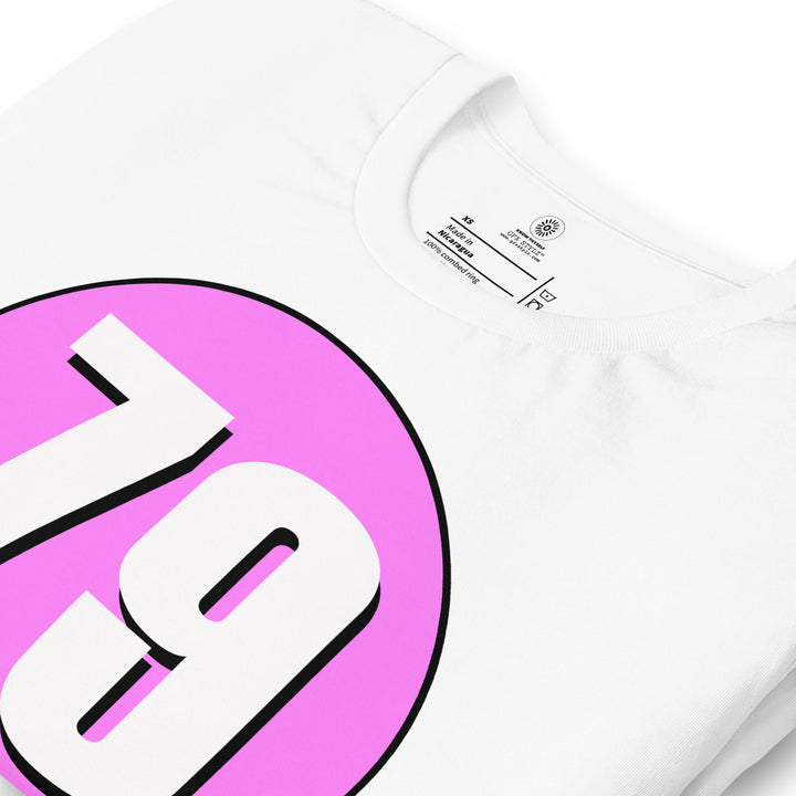 Unisex t-shirt: White on Pink 79