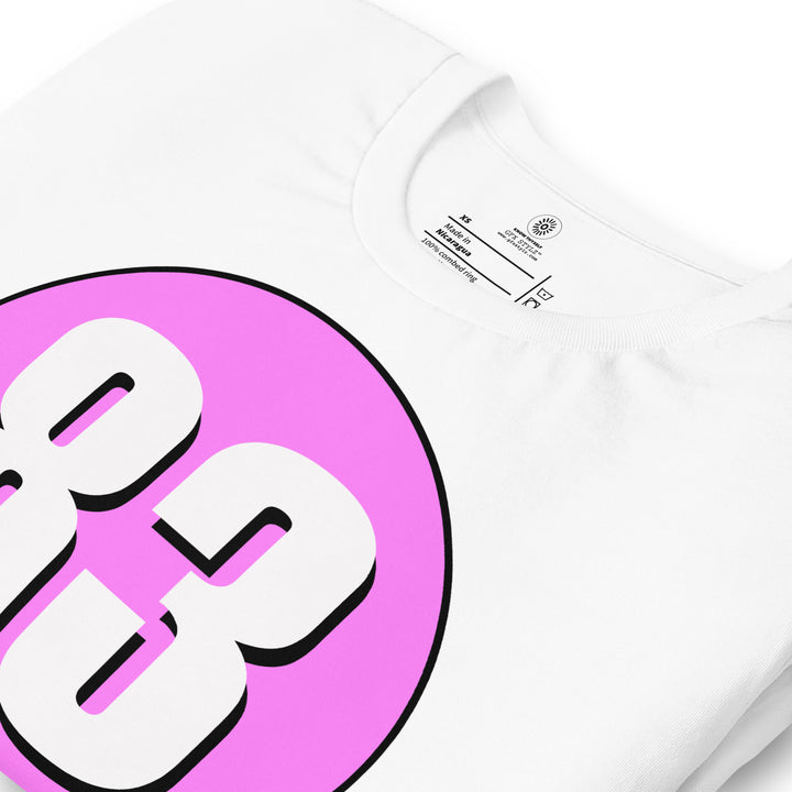 Unisex t-shirt: White on Pink 83