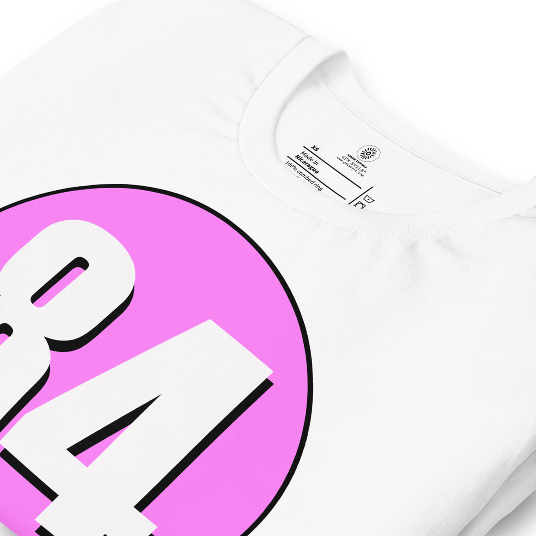 Unisex t-shirt: White on Pink 84