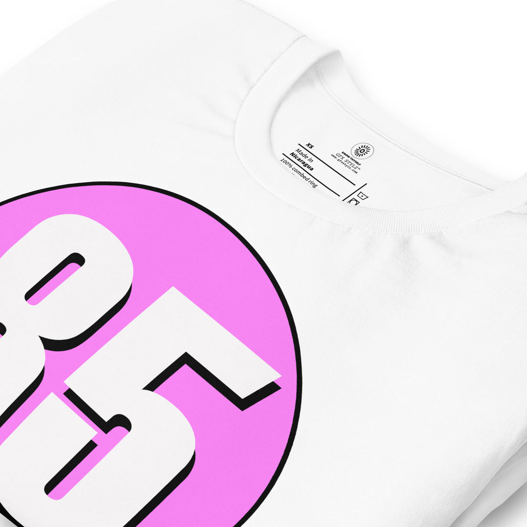 Unisex t-shirt: White on Pink 85