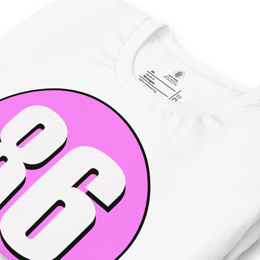 Unisex t-shirt: White on Pink 86