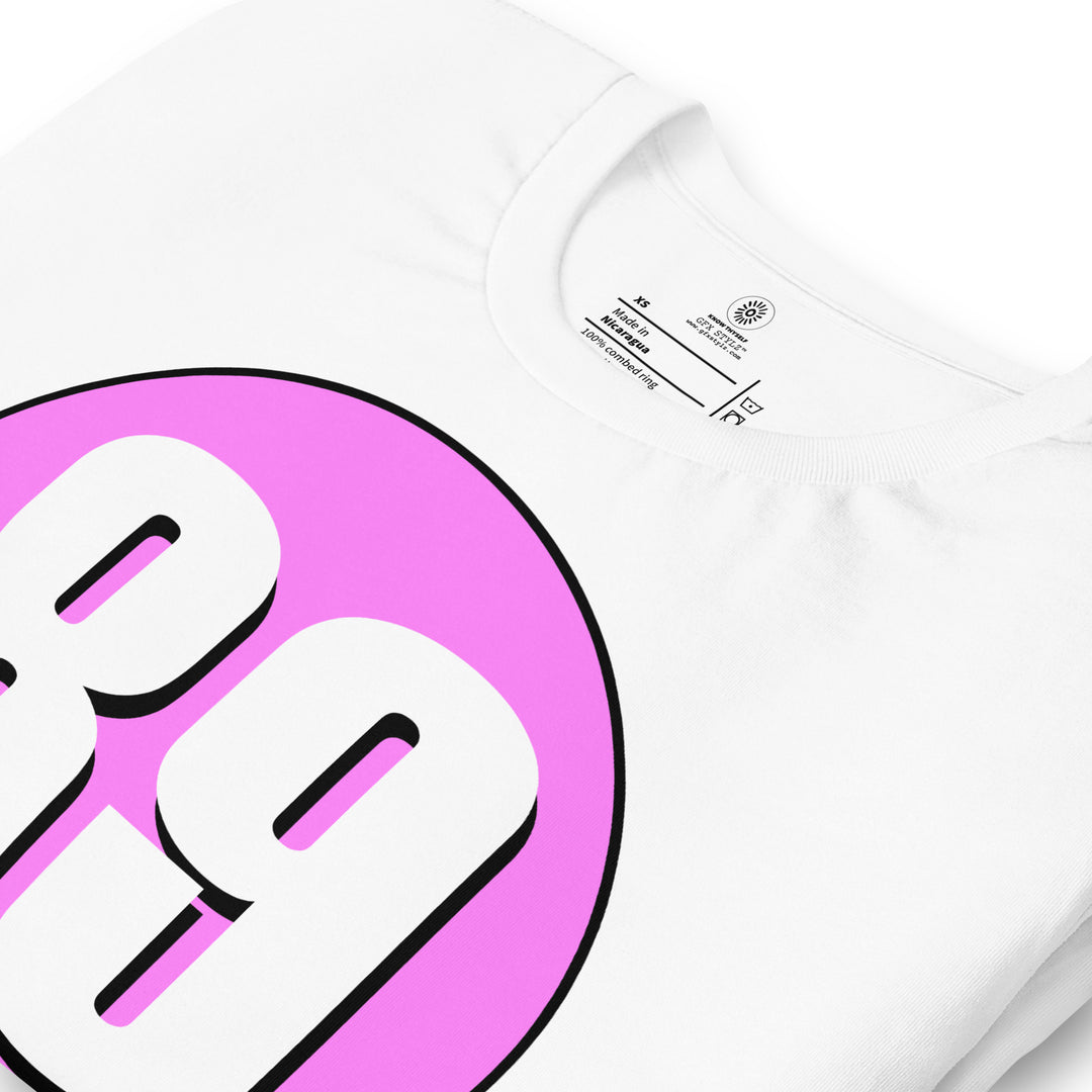 Unisex t-shirt: White on Pink 89