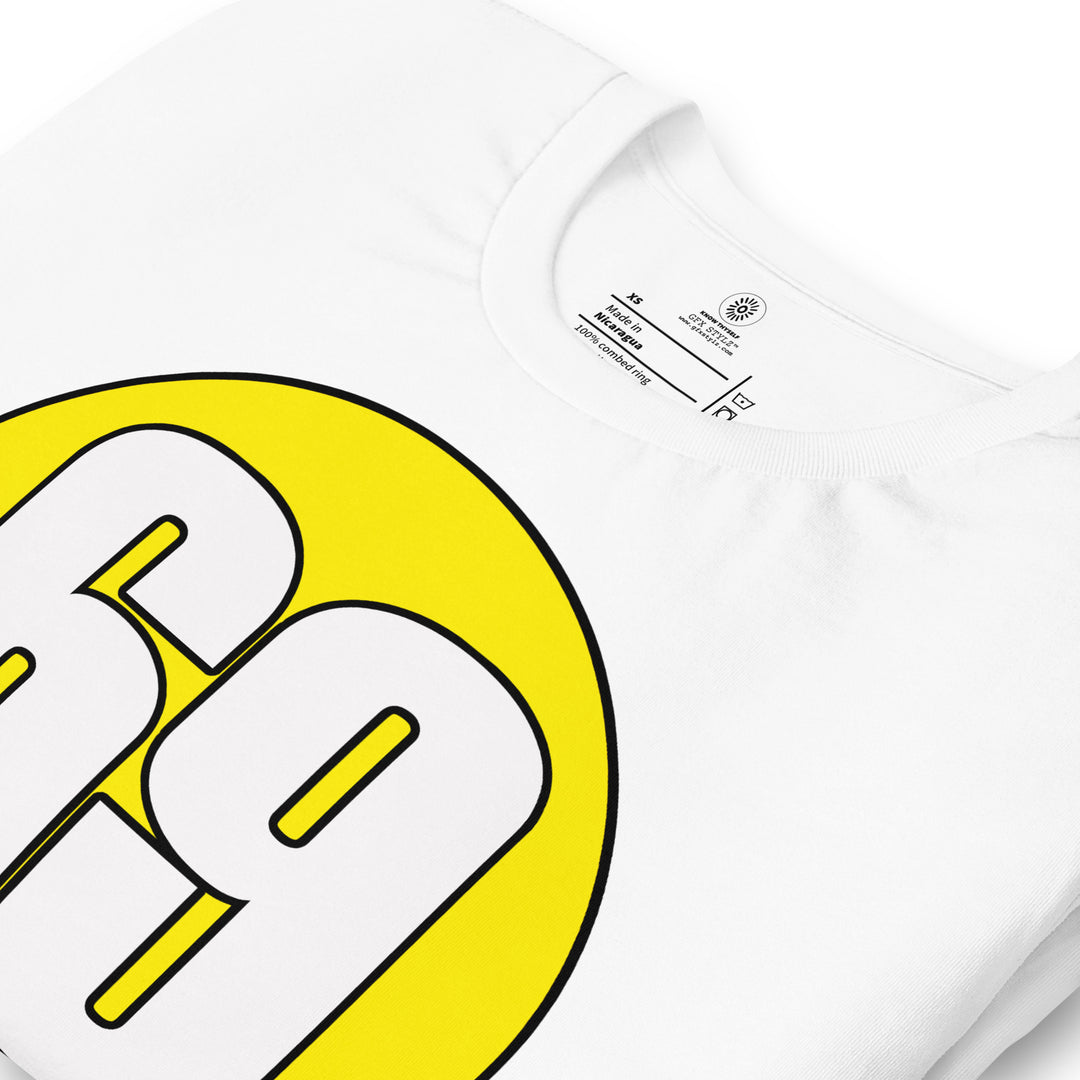 Unisex t-shirt: White on Yellow 69