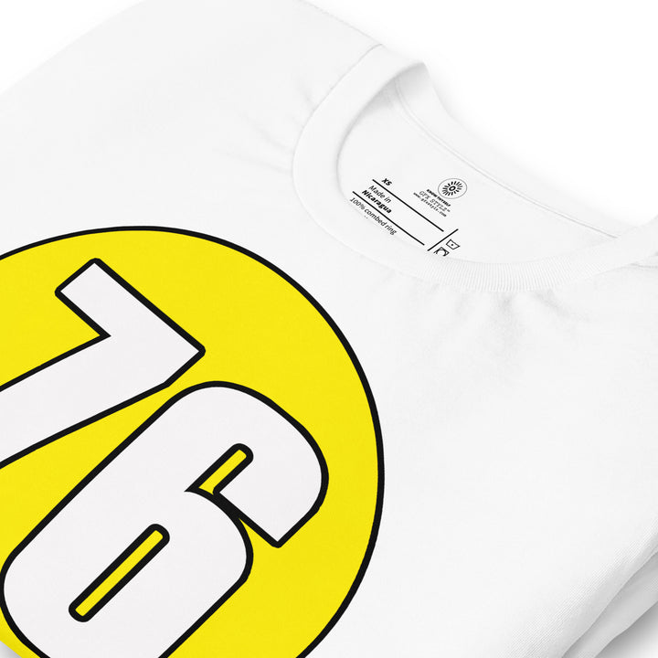 Unisex t-shirt: White on Yellow 76