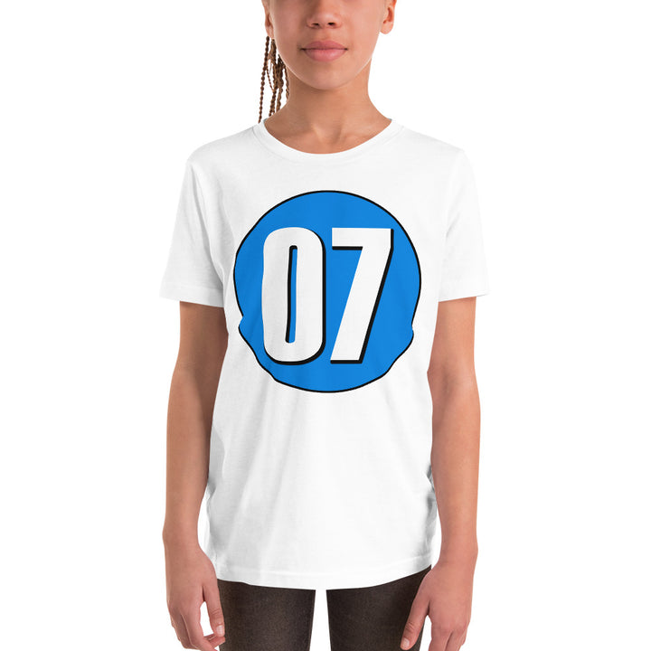 Youth Short Sleeve T-Shirt: White on Blue 07