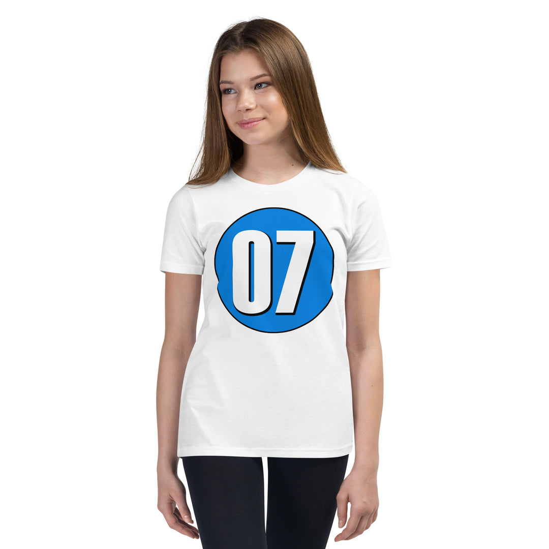 Youth Short Sleeve T-Shirt: White on Blue 07