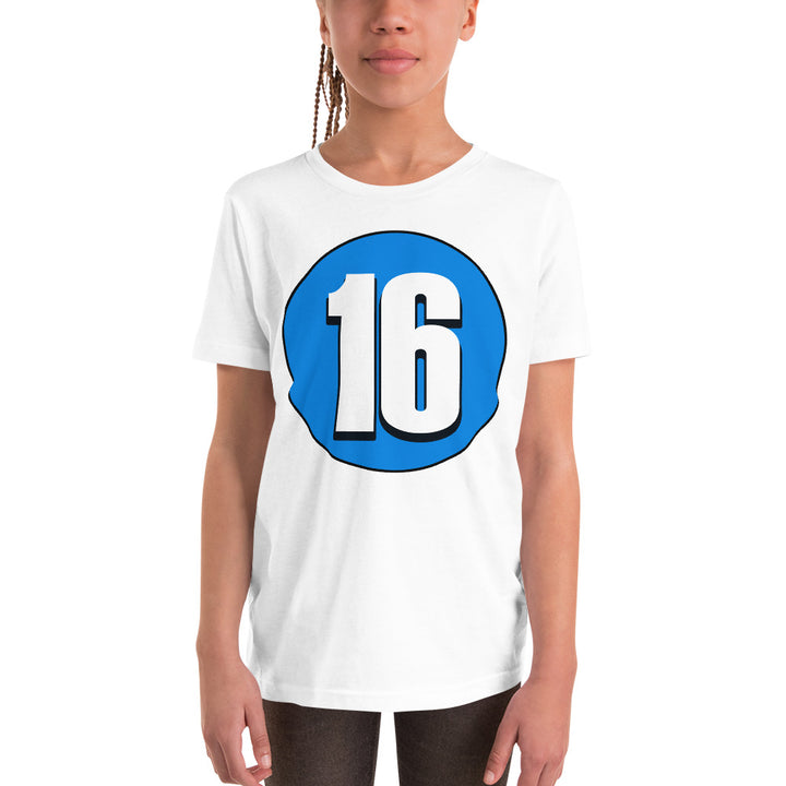 Youth Short Sleeve T-Shirt: White on Blue 16