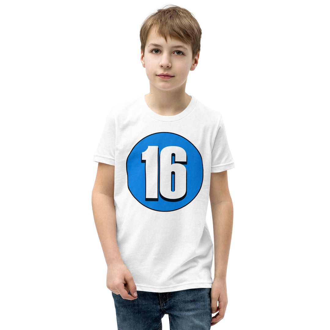 Youth Short Sleeve T-Shirt: White on Blue 16