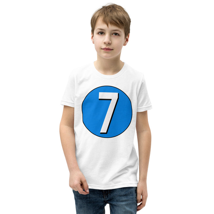 Youth Short Sleeve T-Shirt: White on Blue 7