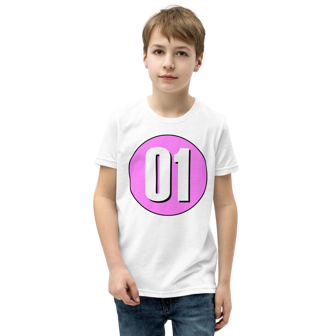 Youth Short Sleeve T-Shirt: White on Pink 01