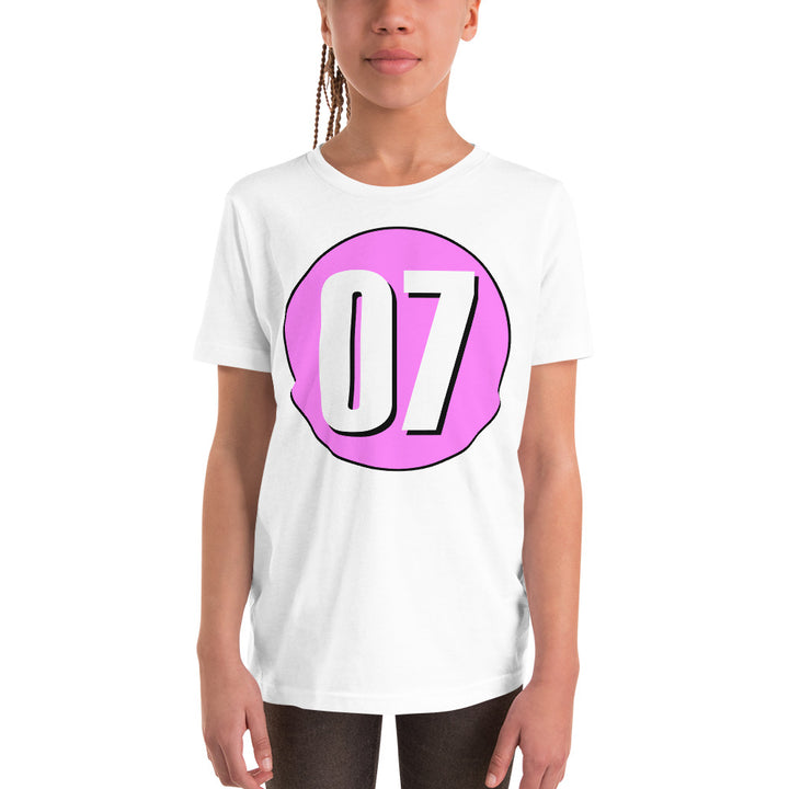 Youth Short Sleeve T-Shirt: White on Pink 07