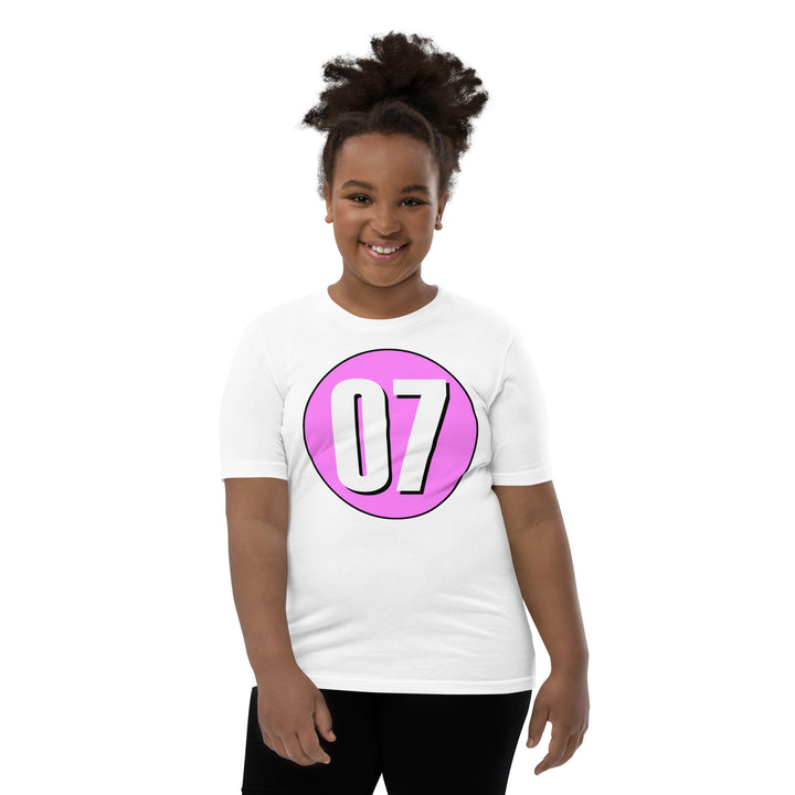 Youth Short Sleeve T-Shirt: White on Pink 07