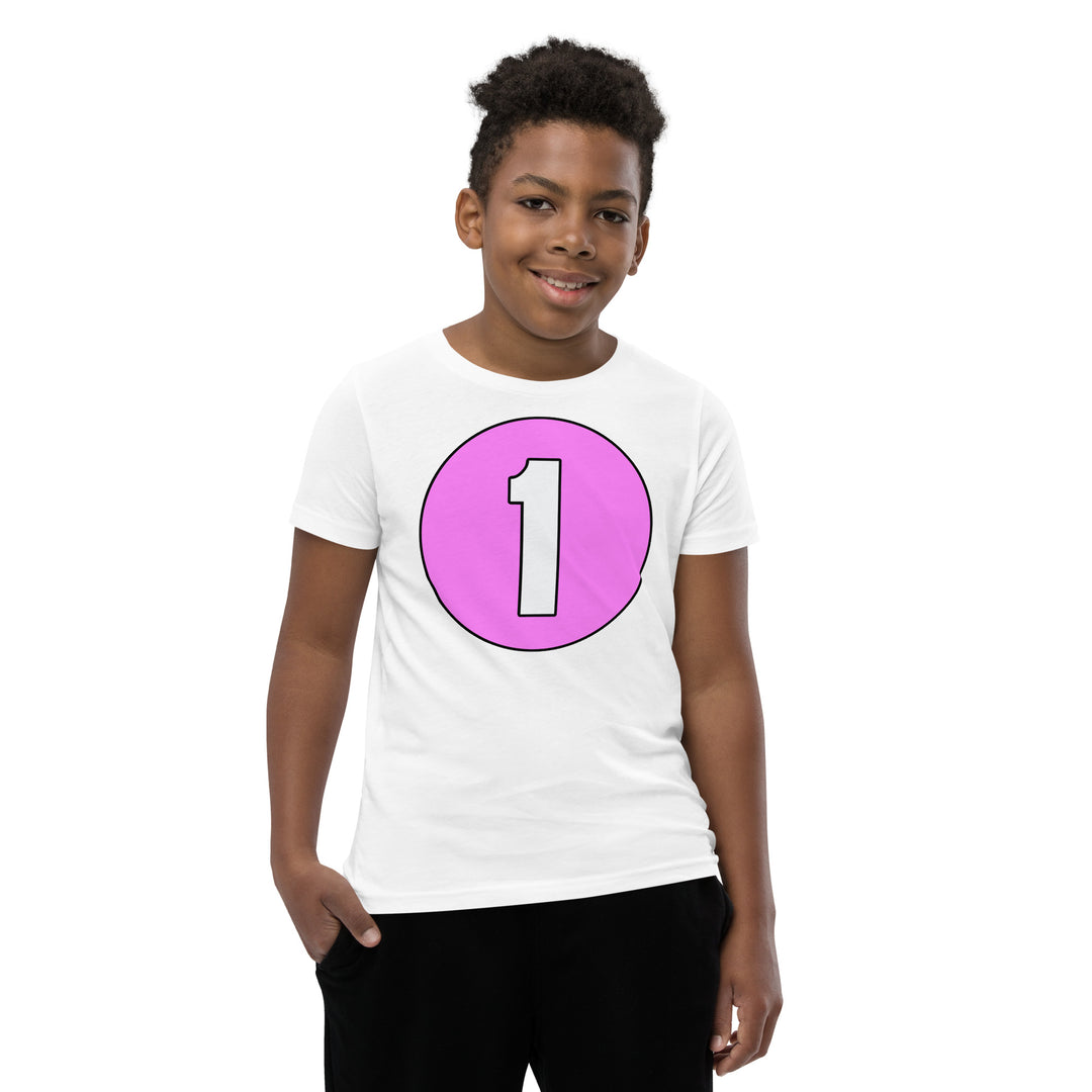 Youth Short Sleeve T-Shirt: White on Pink 1