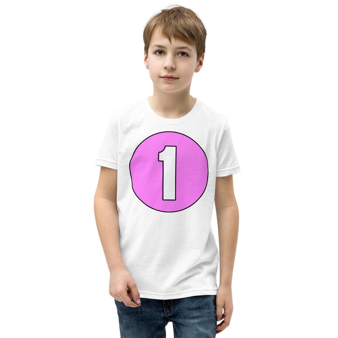 Youth Short Sleeve T-Shirt: White on Pink 1