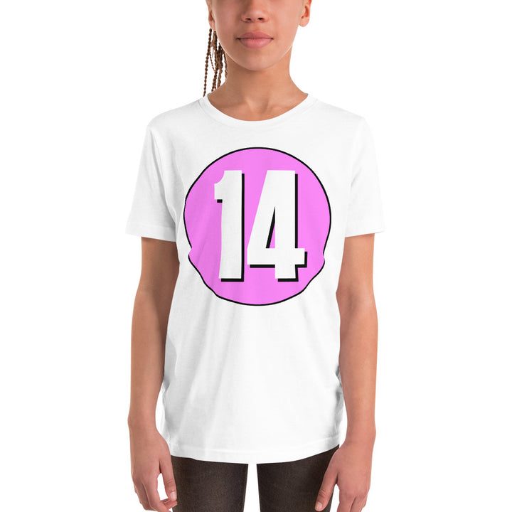 Youth Short Sleeve T-Shirt: White on Pink 14