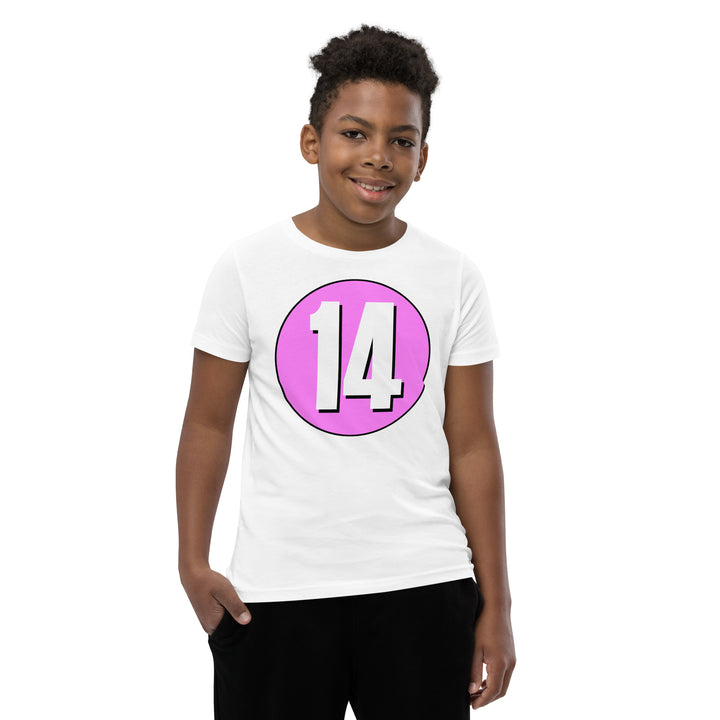 Youth Short Sleeve T-Shirt: White on Pink 14