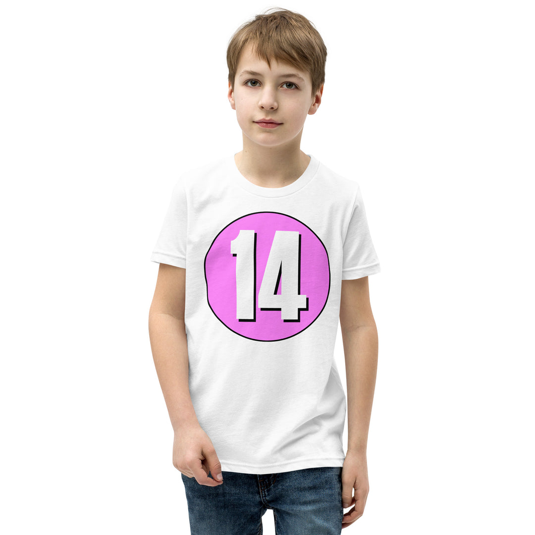 Youth Short Sleeve T-Shirt: White on Pink 14