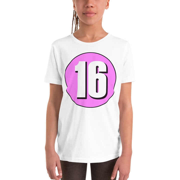 Youth Short Sleeve T-Shirt: White on Pink 16