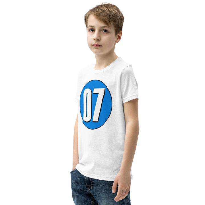 Youth Short Sleeve T-Shirt: White on Blue 07