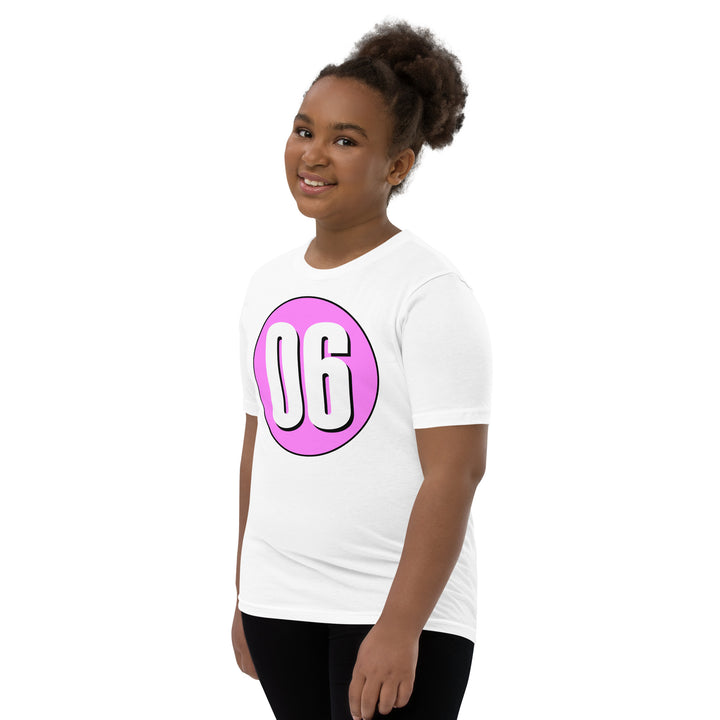 Youth Short Sleeve T-Shirt: White on Pink 06