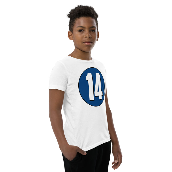 Youth Short Sleeve T-Shirt: White on Navy Blue 14