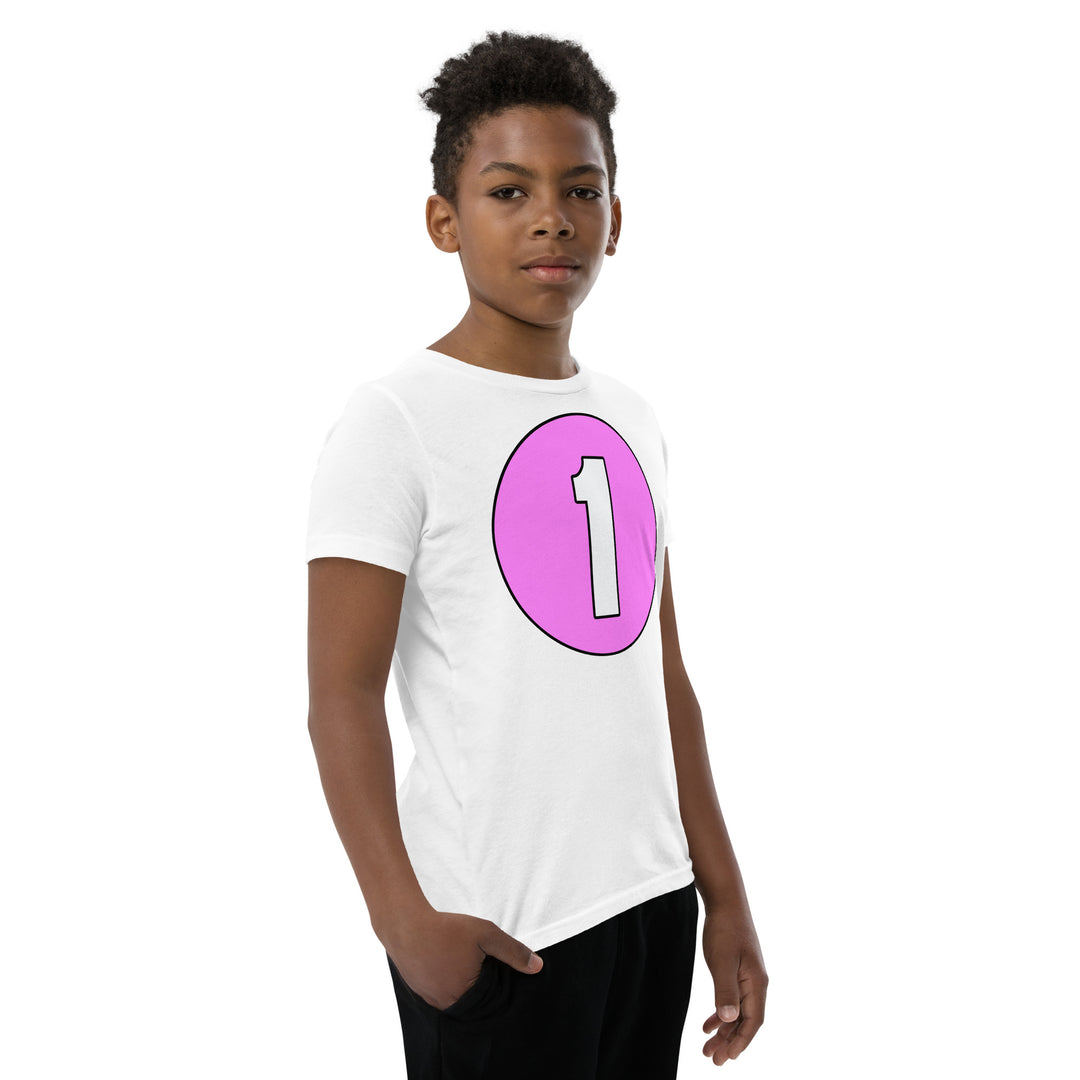 Youth Short Sleeve T-Shirt: White on Pink 1